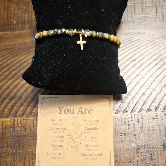 Gemstone Beaded Bracelet with Cross Charm - Picture 1 of 6